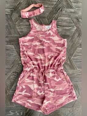 Athleta Girl pink camo romper (size 12) & matching no-slip headband